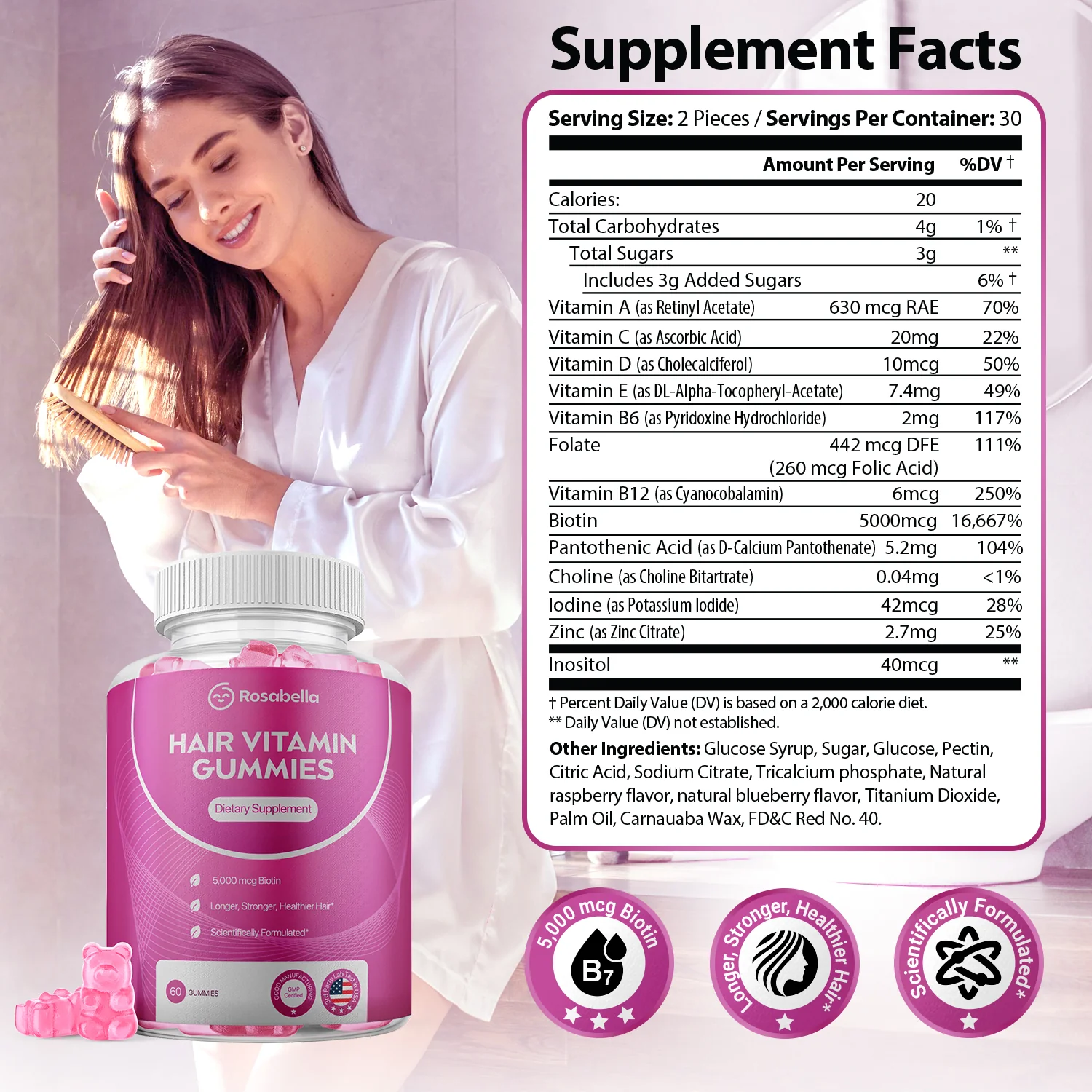 Rosabella Biotin Gummies (5000mg) for Hair, Skin & Nails Growth BOGO Sub - Image 6