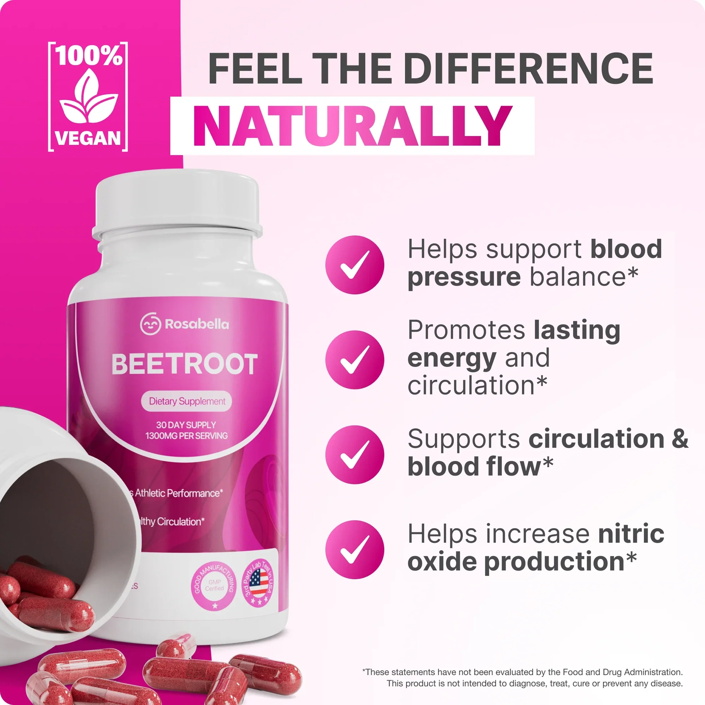 Rosabella Organic Beetroot Capsules (1300mg) for Blood Flow & Heart Health Bogo - Image 4